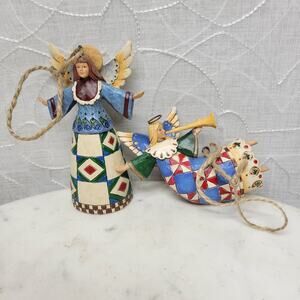 Jim Shore Heartwood Creek Angels 2002 Pair Mini 4" Folk Art Patchwork Figurines